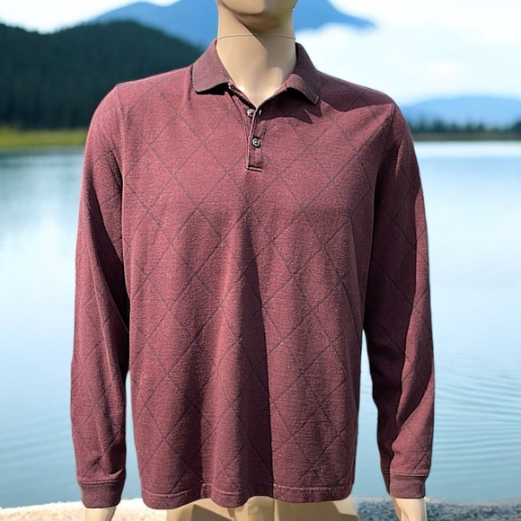 Van Heusen Burgundy Diamond Print Long Sleeve Polo - Picture 9 of 16